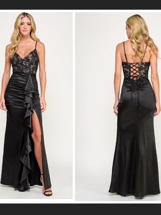 Emerald Sundae Dresses & Skirts - New Emerald Sundae Lace Bodice Side Slit Ruffle Satin Mermaid Gown